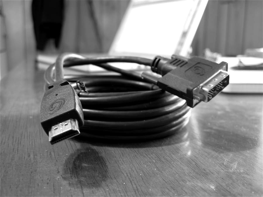Coiled AV cable on a table